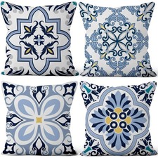 Blue Flowers Geometry Throw Pillow Covers 18"x18" Set of 4, Bohemian Abstract...