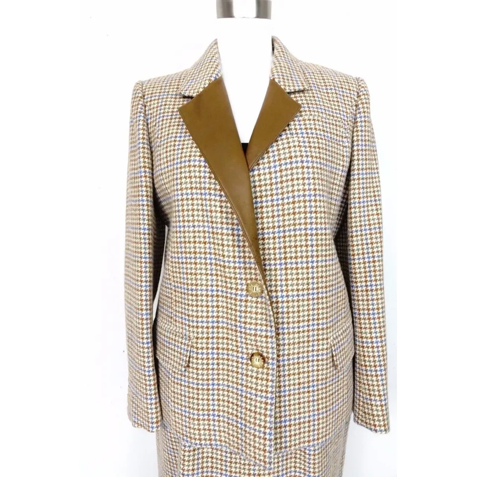 Hermes Mujer Años 70 Marrón Lana Cuero Cuello Botón Falda Traje 4k EE. UU. 14~16 talla Foto 3 de 4