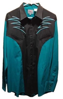 Ely Diamond Men's L Pearl Snap Teal Green & Black Long Sleeve Shirt