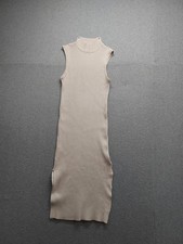 Magaschoni Women Sweater Dress L Beige Rib Sleeveless Mock Neck Side Slit Casual