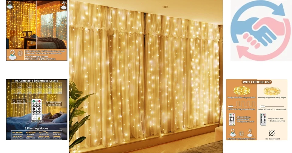 Transform Your Space with 300 LED Fairy Curtain Lights - 9.8x9.8Ft USB Powered - Image 2 of 4