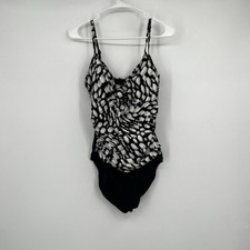 Vintage Christina One Piece Bathing Swim Suit 14 Black White Geometric Print