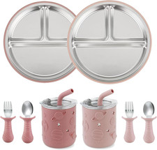 Stainless Steel Baby Feeding Set  2 Divided Suction Plates, 2 Spill-Proof Straw