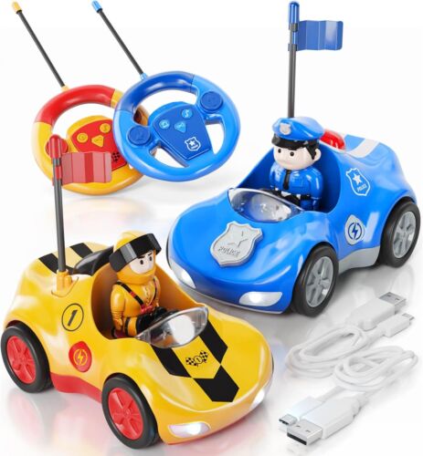 Rechargeable Remote Control Cartoon Cars for Little Kids, 2 Pack Police &...