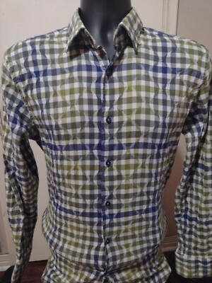 Visconti Shirt Men's Medium M Green Blue Check Casual Button Up Long Sleeve