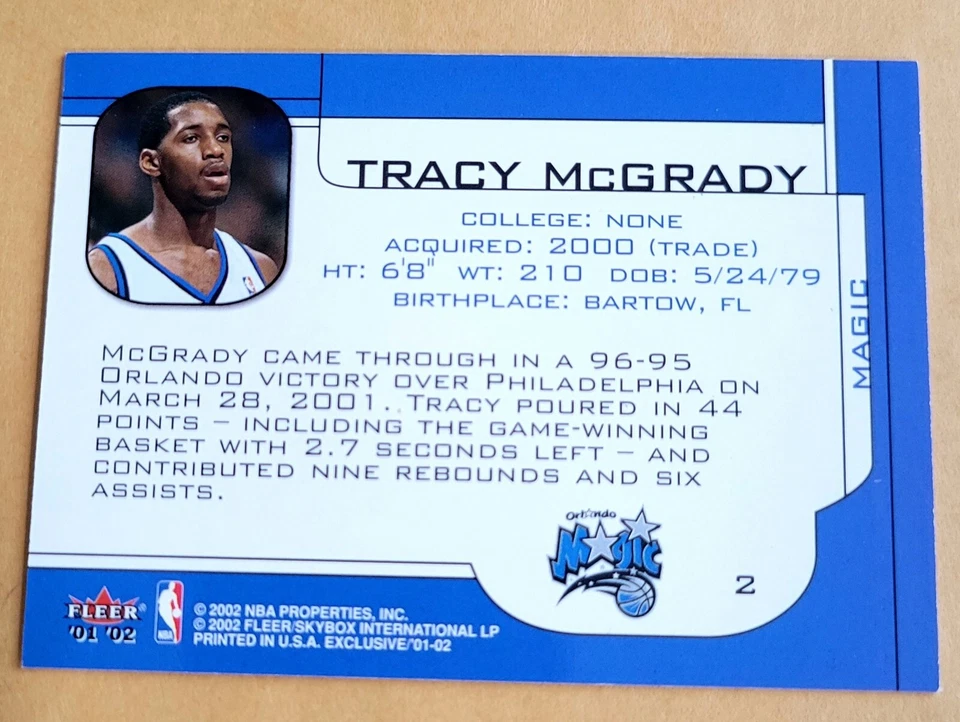 TRACY McGRADY 2001-02 Fleer Exclusive #2 HOF **MINT** FREE SHIPPING & RETURN! - Image 2 of 2