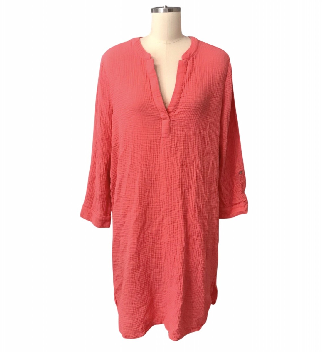 Chico's Calypso Cotton Gauze Shift Dress Coral Knee Length Roll Tab Womens  XL