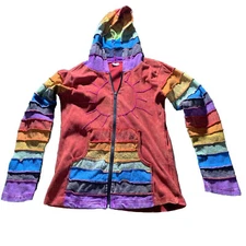 Greater Good Sweatshirt Women MED Red Rainbow Boho Hippie Zip Hoodie Sun Floral