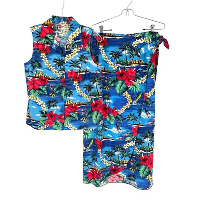 Hilo Hattie Outfit Blue Hawaiian Aloha Orca Whale Medium Wrap Skirt Small Blouse