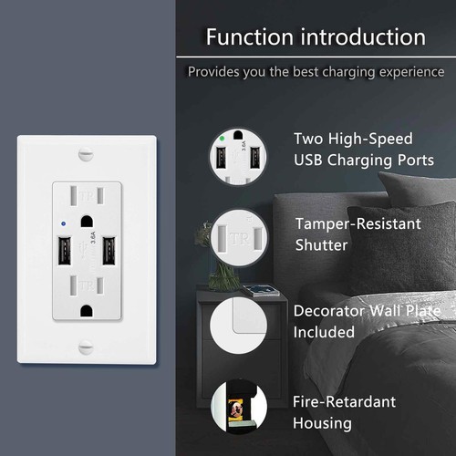 Cargador USB toma de pared tipo A y tipo C receptáculo dúplex resistente a la manipulación blanco - Imagen 2 de 24