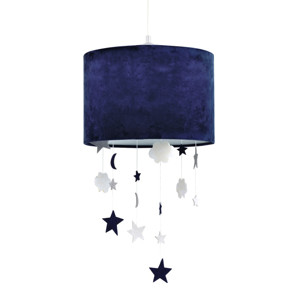 Soft Midnight Blue Velvet Pendant Lamp Shade with Hanging Felt Stars and Clou...