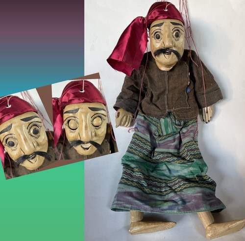 Wooden 22" INDONESIAN MARIONETTE Bali Merchant EYES MOVE Vintage String Puppet - 第 1/10 張圖片