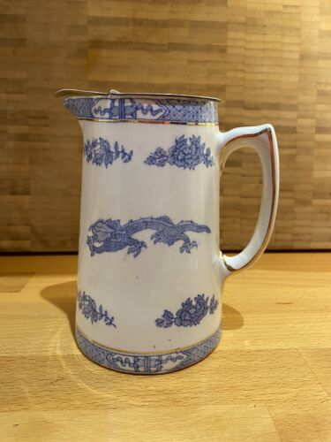 Cauldon Earthenware Dragon Pattern Pitcher Blue & White Vintage & Metal Flip Lid