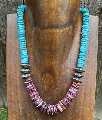Sterling Silver Purple Spiny Oyster W Turquoise Bead Necklace. 18 inch