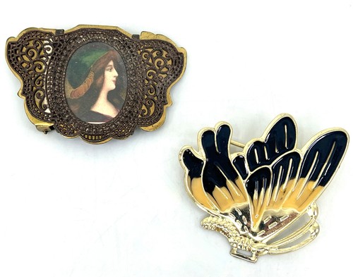 Belt Buckle x 2 Enamel Butterfly and Edwardian Portrait Filigree Brass Craft Sew - Picture 6 of 11