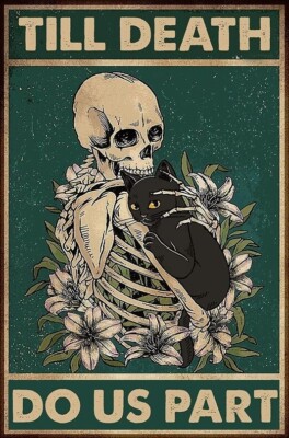 Till Death Do Us Part Poster, Black Cat Lovers Skeleton Halloween Decor