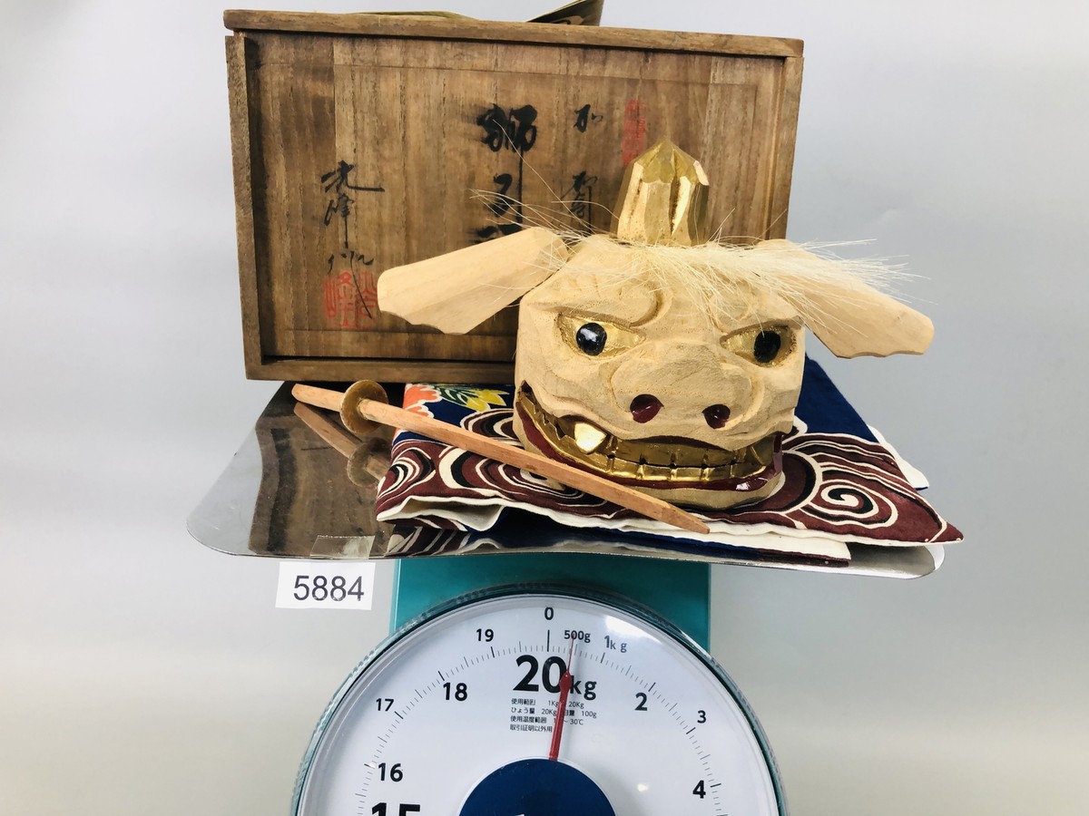 Y5884 OKIMONO Lion head figurine wood carving signed box Japan