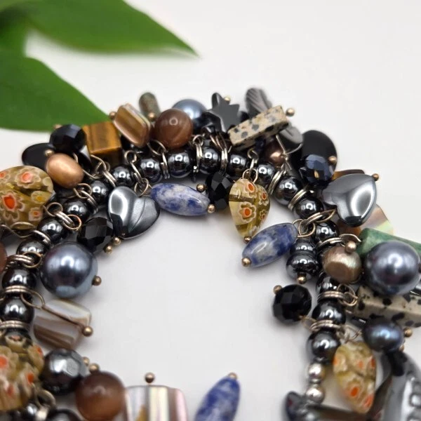 Pulsera elástica hecha a mano turquesa perla concha jaspe sodalita vidrio millefiori Foto 3 de 4