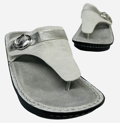 Alegria Codi Adjustable Strap Thong Sandals Silver Leather Wedge EU 42/ US 11-12