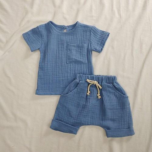 Summer Kids Girls Outfits Muslin Baby Boy Clothes Sets Short Sleeves T Shirt - Picture 15 of 16