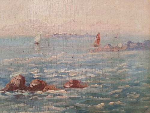Tableau huile sur panneau signé FL ? à identifier...) " paysage marin " - Bild 3 von 7