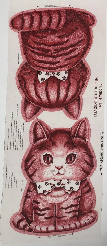 RARE Vintage Uncut Charlie The Kitten 60s/70s Pink Cat Craft Fabric Panel Pillow - Image 2 of 4