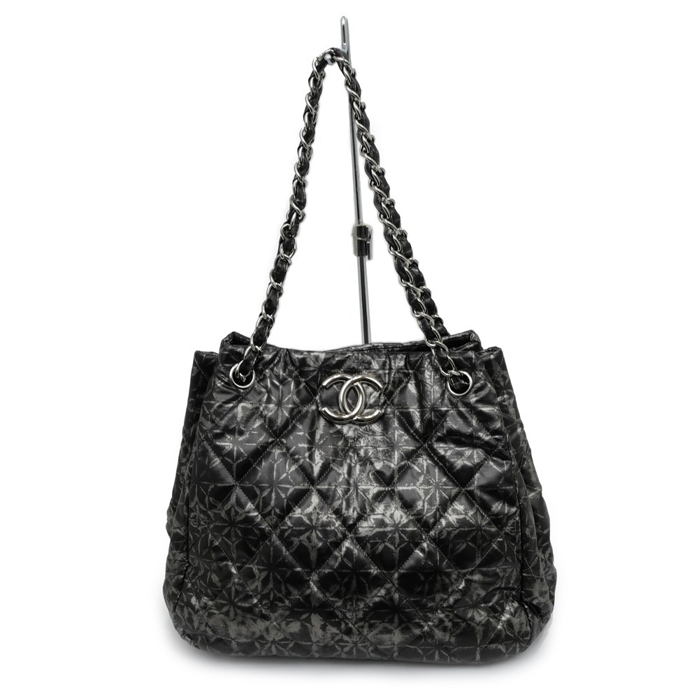 CHANEL Silver Quilted Nylon Tote Bag with Chain Hardware for Women