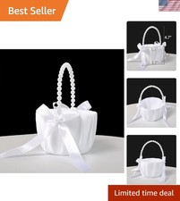 Wedding Flower Girl Baskets with Pearl Handle, Satin Bowknot Flower Baskets f...