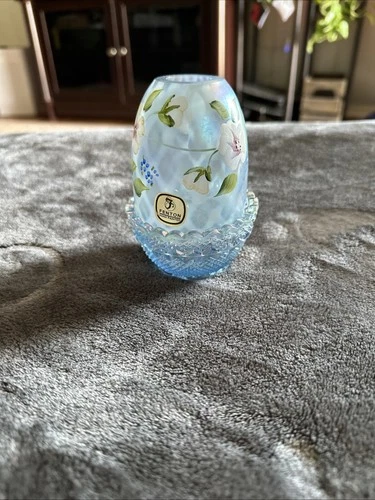 Fenton 2 Piece fairy lamp iridescent Blue w/ hand painted florals Diamond Optic