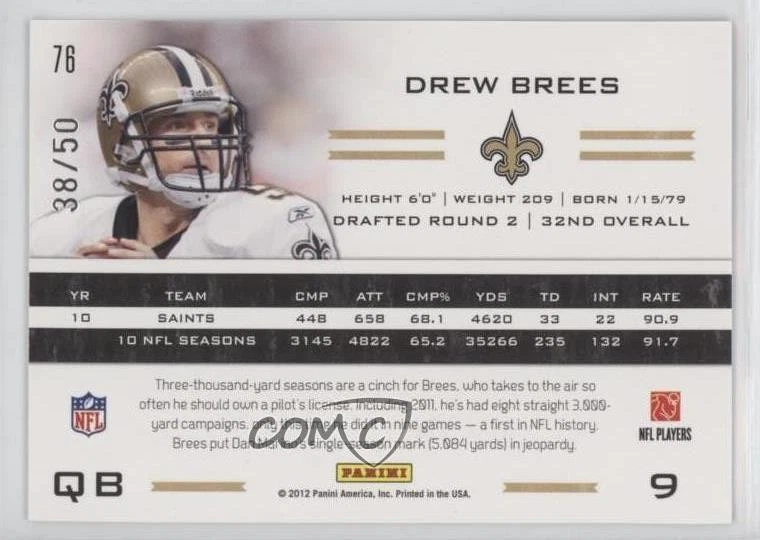 2011 Panini Totally Certified Totally Blue /50 Drew Brees #76 - Image 2 of 2