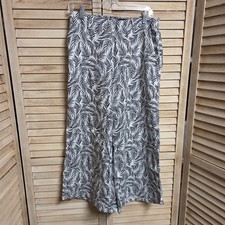 Tahari 100 Linen Black White Floral Leaf Wide Leg Pull On Pants Size Medium