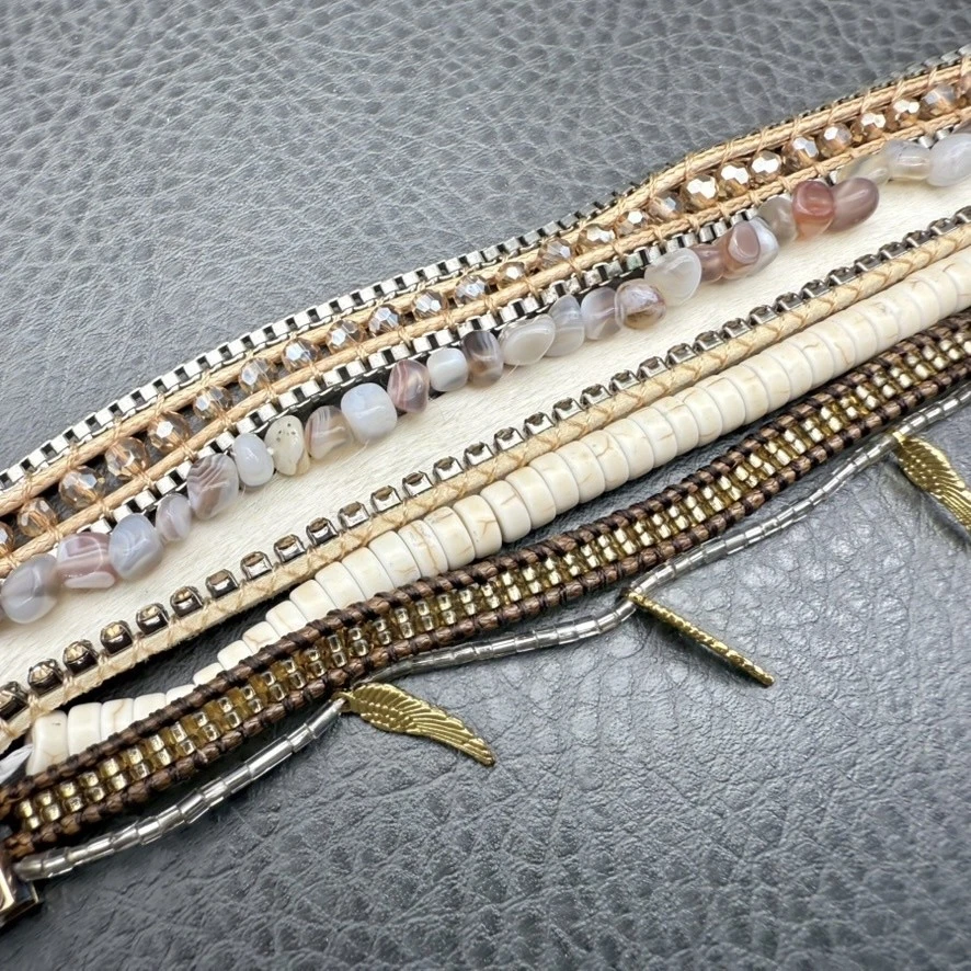 Emerson Victoria Bracelet Gold Tone Beaded Agate Shell Boho Layered Cuff 8 Inch - Image 4 of 4