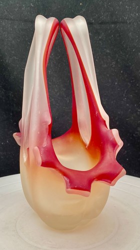VTG MURANO ART GLASS PINK & AMBER BASKET VASE 8", BORNE EDGE, HANDLES c1970 vg - Picture 6 of 10
