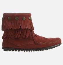 MINNETONKA 696F Women Suede Fringe Ankle Boots Moccasins Burgundy Red Size 9