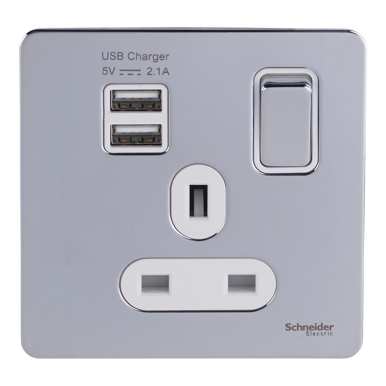 Schneider Ultimate 1 GANG Socket Polished Chrome White 2 USB GGBGU34102USBAWPC