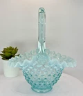 Fenton Aqua Blue Opalescent Hobnail Small Basket Ruffled Glass w Handle Vintage