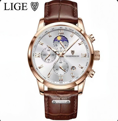 LIGE LG8953 Quartz Chronograph Mondphase Herrenuhr Roman Leder-3 Farben,Full Set
