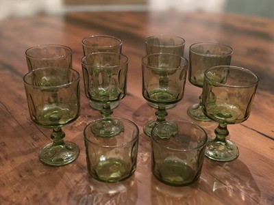 Vintage MCM Green Goblets for Wine/Water with Juice Glasses 10 Piece Set