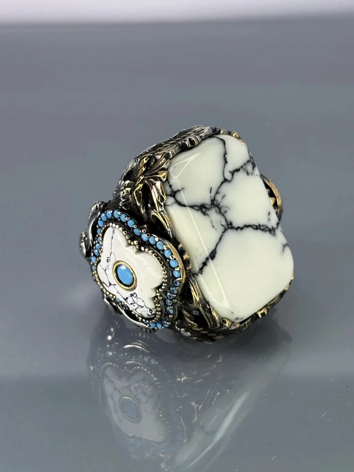 Anillo de plata de ley 925 turquesa blanca para hombre, joyería de piedras preciosas hecha a mano” Foto 3 de 4