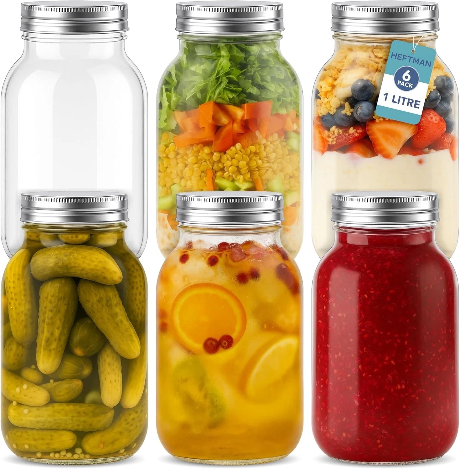 Glass Mason Jars with Lids 1L - Set of 6 Large Air Tight Jars for Overnight Oats