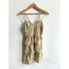 American Eagle Floral Tiered Mini Dress Sage Green Boho Smocked Back Small