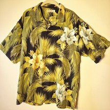Tommy Bahama Rum Hawaiian Silk Shirt Mens XL Hibiscus Leaves Black Green Yellow