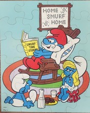 Vintage 1982 MB Smurf Puzzle 24 Pieces Home Sweet Home Complete w Box