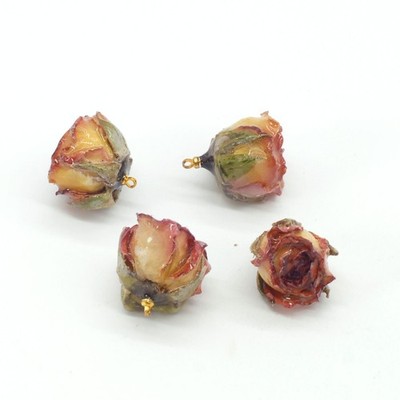 12PCS Dried 3D Orange Rose Flower Bud Head with Leaves Gold Tone loop GNJ510