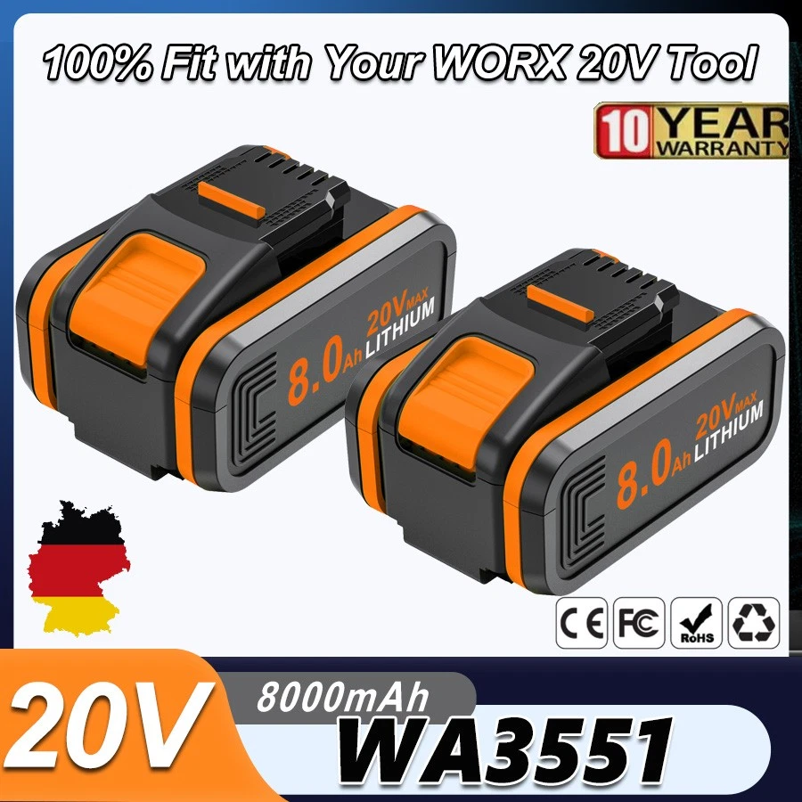 MARKENLOS 2 batterie 8000 mAh 20 V MAX 8,0 Ah per batteria di ricambio originale Worx WA3553 WA3556 WA3551