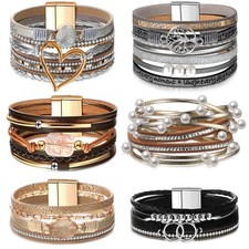 6 Pcs Boho PU Leather Wrap Bracelets for Women Stack Multi Layer Bohemian Cuf...