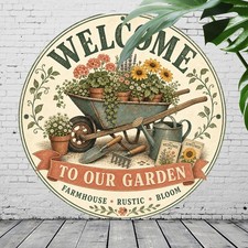 Nostalgic Welcome Floral Garden Round Metal Sign Front Door Porch Decor