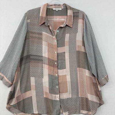 Rose & Olive size 2X Gray Pink Abstract Soft Flowy 3/4 Sleeve Button Down Office