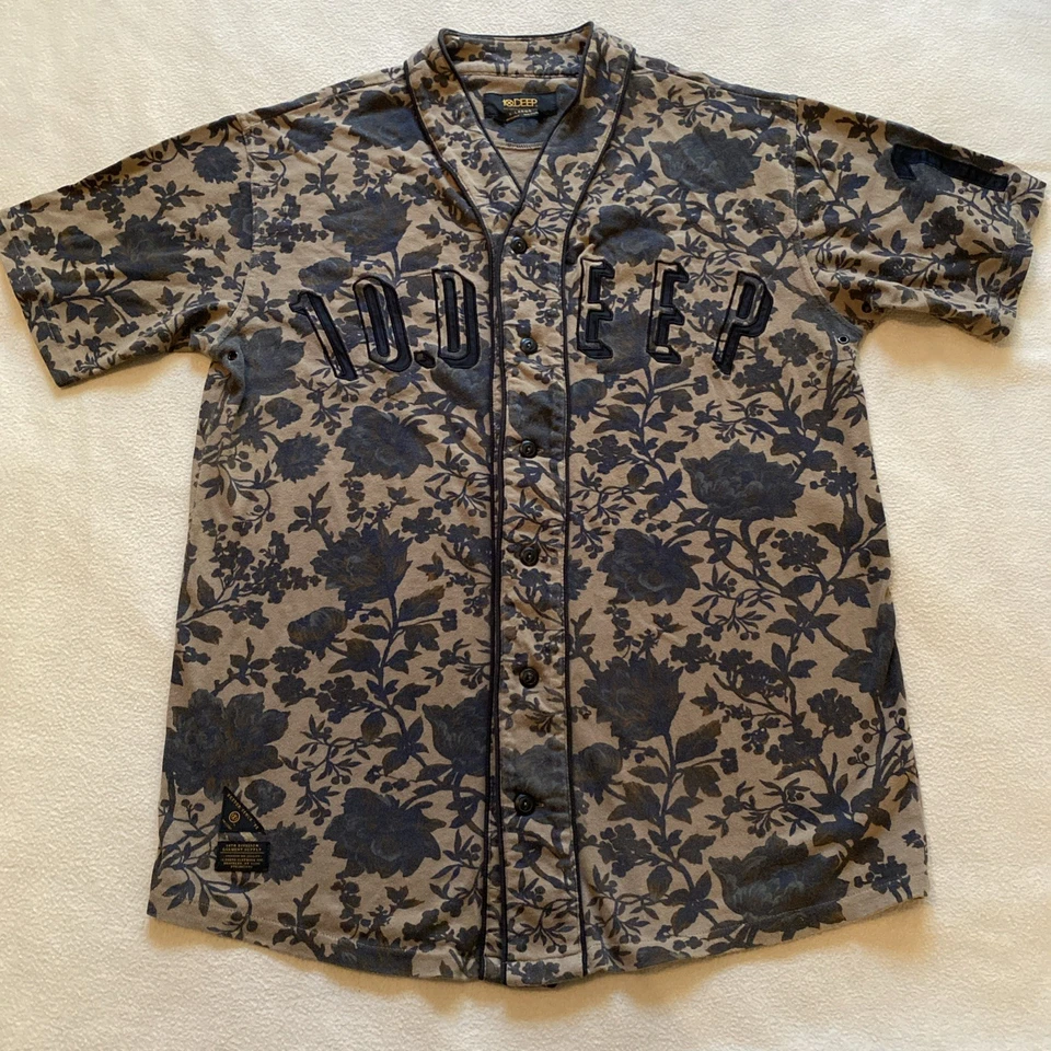 Camiseta de béisbol vintage 10 estampada floral profunda para hombre marrón XL camisa de patinador Foto 2 de 4