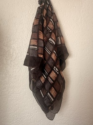 Vintage Headcovers 100% Silk Scarf Brown Earthtone Abstract Grid Geometric Block